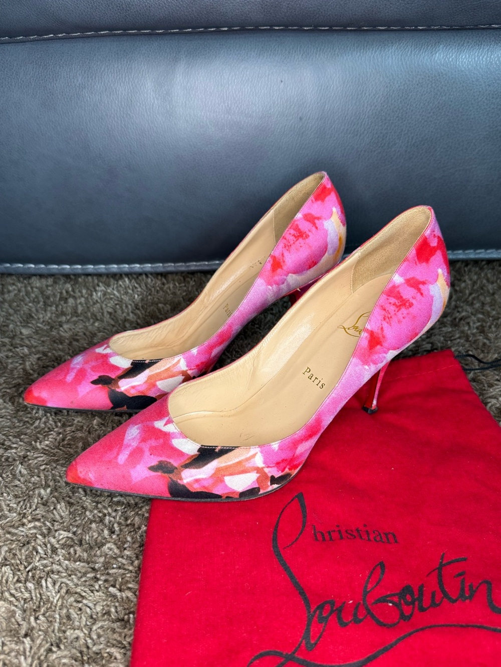 Christian Louboutin Floral Pink Pointed-Toe Pumps Heels – Size 41 – Red Bottoms